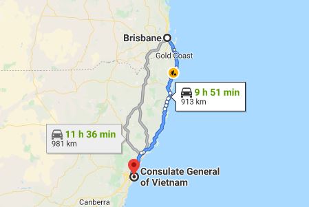 Carte d'itinéraire de Brisbane au consulat du Vietnam à Sydney