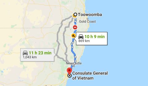 Route map from Toowoomba to the Consulate of Vietnam in Sydney