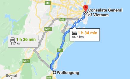 Streckenkarte von Wollongong zum Konsulat von Vietnam in Sydney