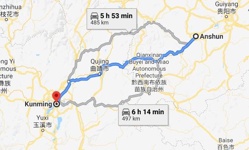 Route map from Anshun to Vietnamese Consulate in Kunming