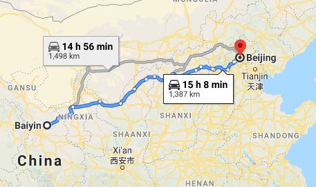 Route map from Baiyin to the Vietnamese Embassy in Beijing