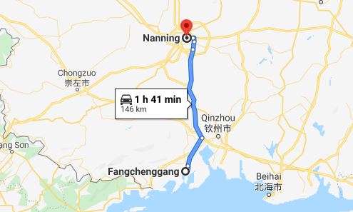 Route map from Fangchenggang to Vietnamese Consulate in Nanning