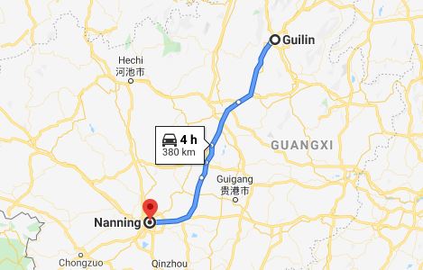 Route map from Guilin to Vietnamese Consulate in Nanning