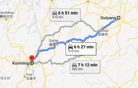 Route map from Guiyang to Vietnamese Consulate in Kunming