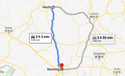 Route map from Hechi to Vietnamese Consulate in Nanning