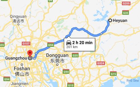 Route map from Heyuan to Vietnamese Embassy in Guangzhou