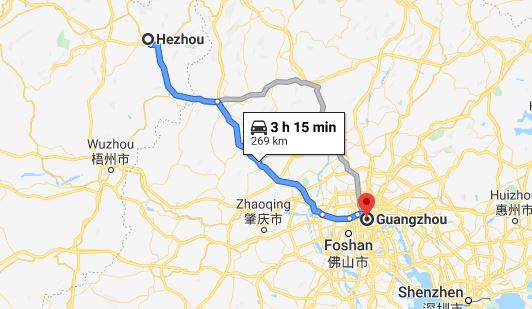 Route map from Hezhou to Vietnamese Embassy in Guangzhou