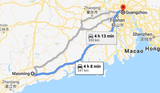 Route map from Maoming to Vietnamese Embassy in Guangzhou