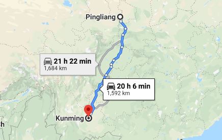 Route map from Pingliang to the Vietnamese Consulate in Kunming