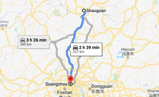 Route map from Shaoguan to Vietnamese Embassy in Guangzhou