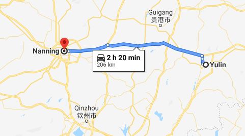 Route map from Yulin to Vietnamese Consulate in Nanning