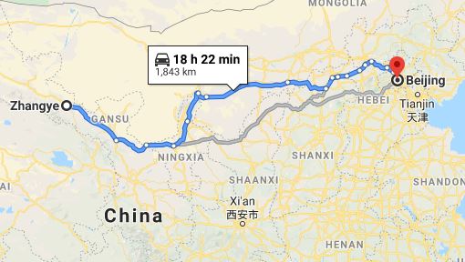 Route map from Zhangye to the Vietnamese Embassy in Beijing