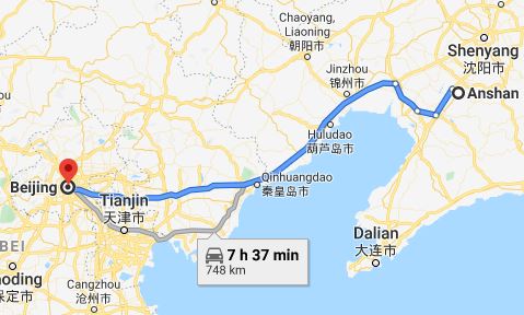 Route map from Anshan to the Vietnamese Embassy in Beijing