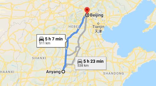 Route map from Anyang to the Vietnamese Embassy in Beijing