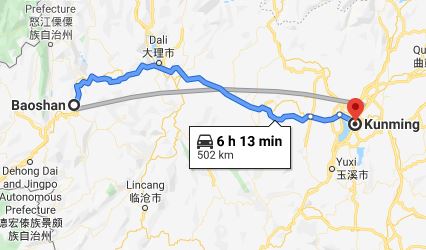 Route map from Baoshan to the Vietnamese Consulate in Kunming