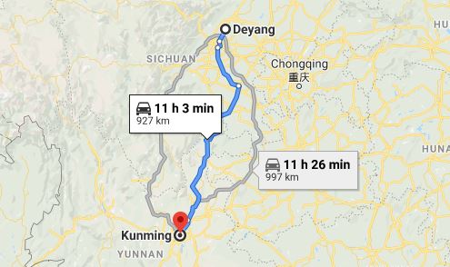 Route map from Deyang to the Vietnamese Consulate in Kunming