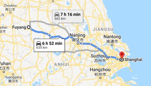 Route map from Fuyang to the Vietnamese Consulate in Shanghai