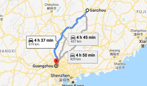 Route map from Ganzhou to the Consulate of Vietnam in Guangzhou