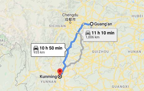 Route map from Guang'an to the Vietnamese Consulate in Kunming