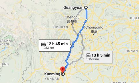 Route map from Guangyuan to the Vietnamese Consulate in Kunming
