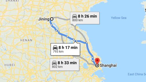 Route map from Jining to the Vietnamese Consulate in Shanghai