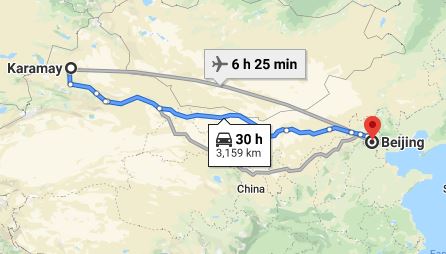 Route map from Karamay to the Vietnamese Embassy in Beijing