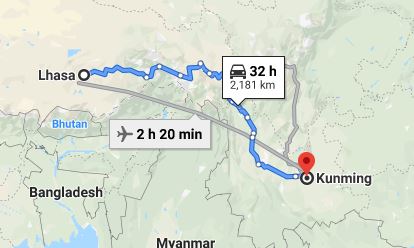 Route map from Lhasa to the Vietnamese Consulate in Kunming