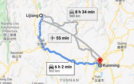 Route map from Lijiang to the Vietnamese Consulate in Kunming