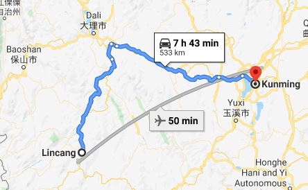 Route map from Lincang to the Vietnamese Consulate in Kunming