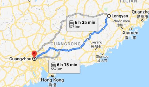 Route map from Longyan to the Consulate of Vietnam in Guangzhou