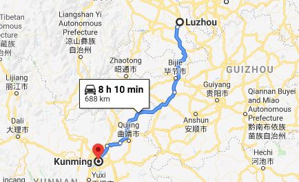 Route map from Luzhou to the Vietnamese Consulate in Kunming