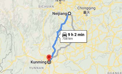 Route map from Neijiang to the Vietnamese Consulate in Kunming