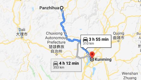 Route map from Panzhihua to the Vietnamese Consulate in Kunming