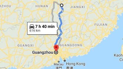 Route map from Pingxiang to the Consulate of Vietnam in Guangzhou