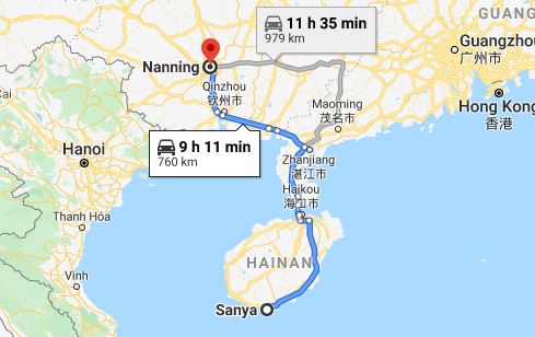 Route map from Sanya to the Vietnamese Consulate in Nanning