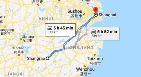 Route map from Shangrao to the Vietnamese Consulate in Shanghai