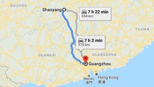 Route map from Shaoyang to the Consulate of Vietnam in Guangzhou
