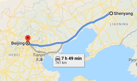 Route map from Shenyang to the Vietnamese Embassy in Beijing