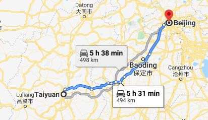 Route map from Taiyuan to the Vietnamese Embassy in Beijing