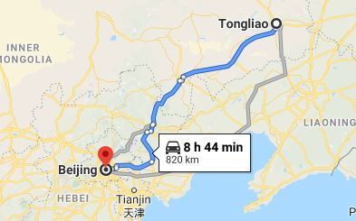 Route map from Tongliao to the Vietnamese Embassy in Beijing