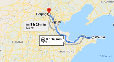 Route map from Weihai to the Vietnamese Embassy in Beijing