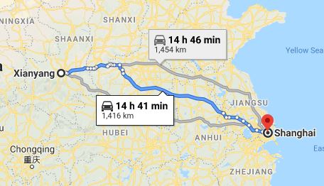 Route map from Xianyang to the Vietnamese Consulate in Shanghai