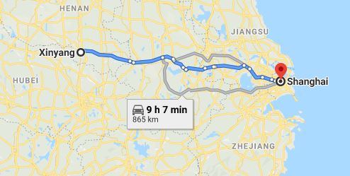 Route map from Xinyang to the Vietnamese Consulate in Shanghai