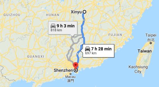 Route map from Xinyu to the Consulate of Vietnam in Guangzhou