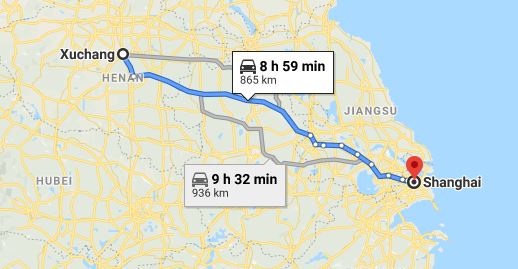 Route map from Xuchang to the Vietnamese Consulate in Shanghai