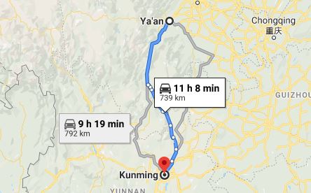 Route map from Ya'an to the Vietnamese Consulate in Kunming