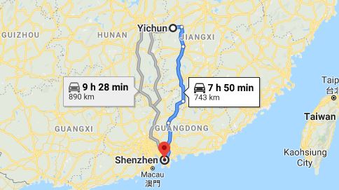 Route map from Yichun to the Consulate of Vietnam in Guangzhou
