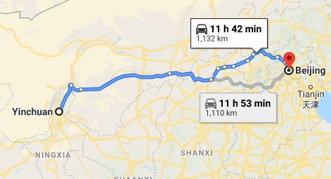 Route map from Yinchuan to the Vietnamese Embassy in Beijing