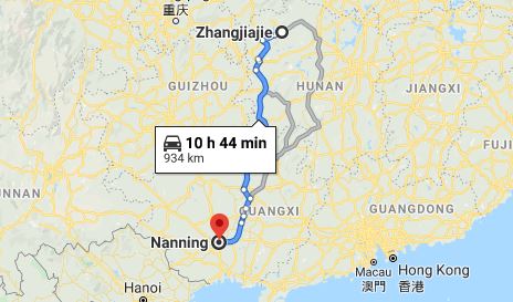 Route map from Zhangjiajie to the Consulate of Vietnam in Nanning