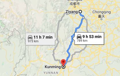 Route map from Ziyang to the Vietnamese Consulate in Kunming